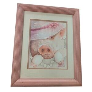 Pink Pig With Hat & Pearls Original Watercolor By Shirley Hammet 16.5" x 13.5"